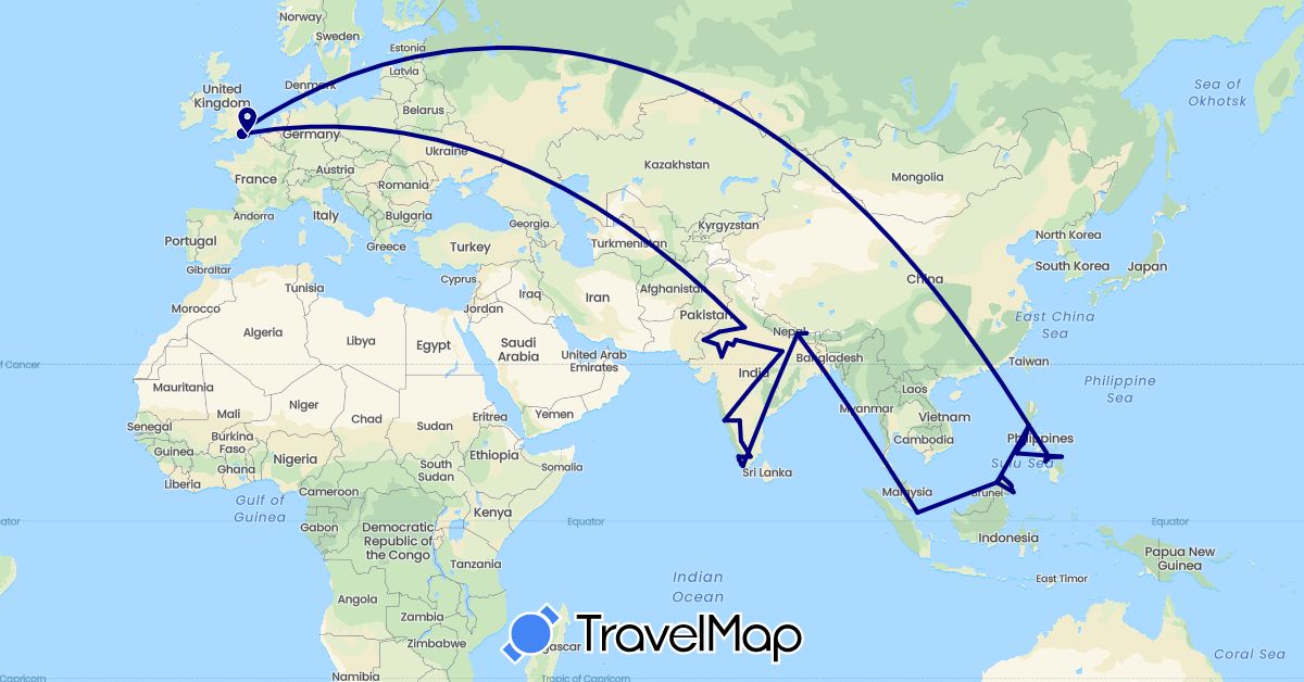 TravelMap itinerary: driving in United Kingdom, India, Malaysia, Nepal, Philippines, Singapore (Asia, Europe)
